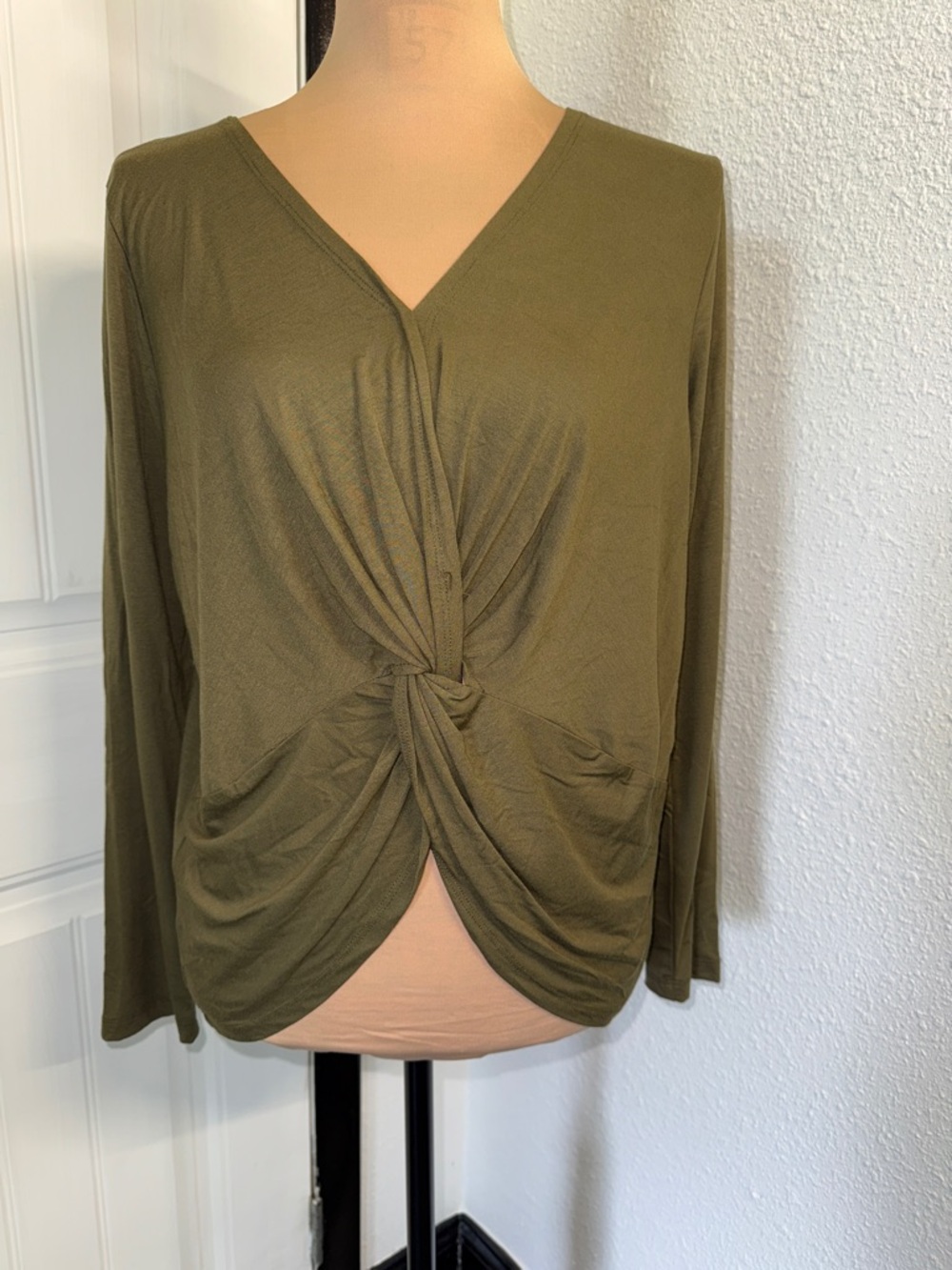 NWT Final Touch Olive Green Long Sleeve Twist Front V-Neck Top